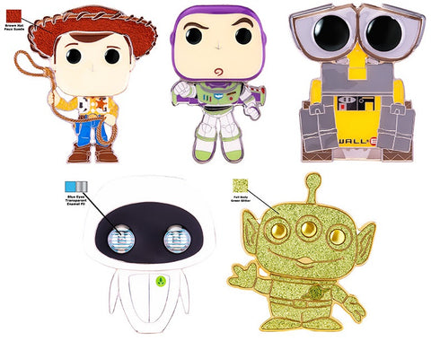 Funko Pop! Pins: Asst: Pixar - Woody, Buzz Lightyear, Wall-E, Eve LG Enml Pin with Chance of Alien chase (Coming Soon)
