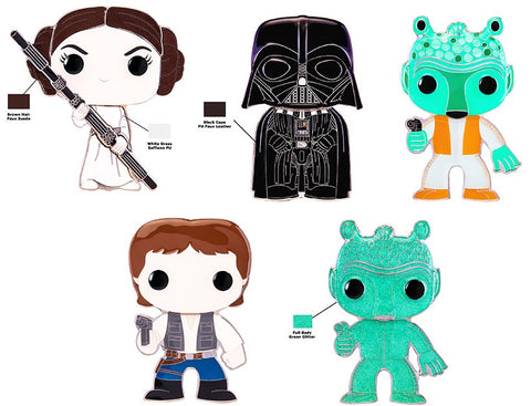 Funko Pop! Pins: Asst: Star Wars - Princess Leia, Darth Vader, Greedo, Han Solo LG Enml Pin with Chance of Greedo chase (Coming Soon)